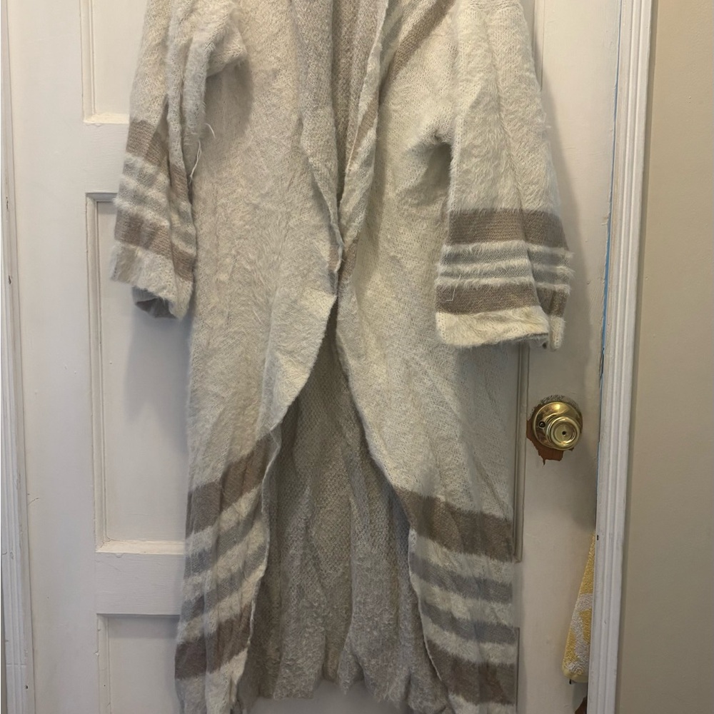 Cozy Boho Chevron Cardigan – Open Front, Neutral Striped Sweater Wrap